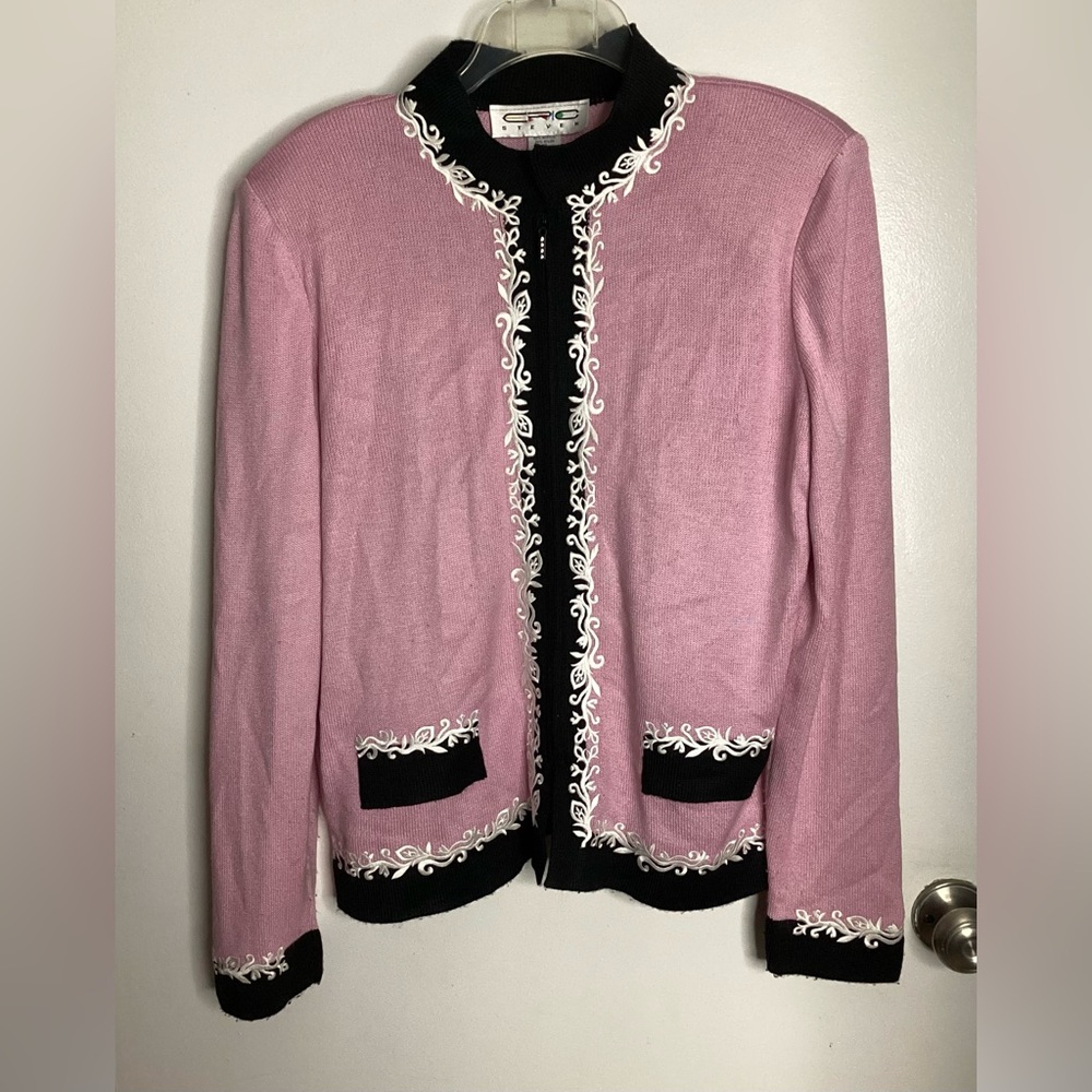 Rare Vintage Pink Cardigan with Black and White Embroidery EUC 12